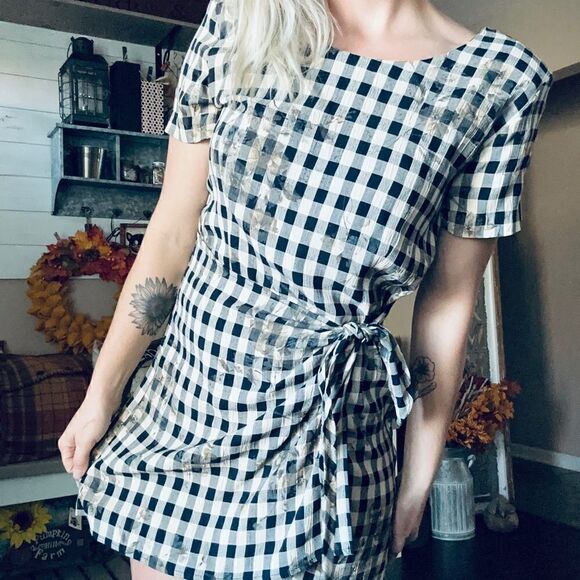 Vintage S.Roberts 1980s Shepherds check plaid floral front tie mini dress - Picture 3 of 11